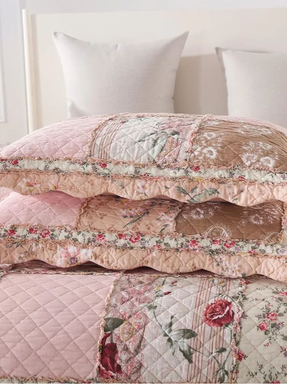 Queen Size Patchwork Pink Floral Quilt Set Vintage Shabby Chic Botanic